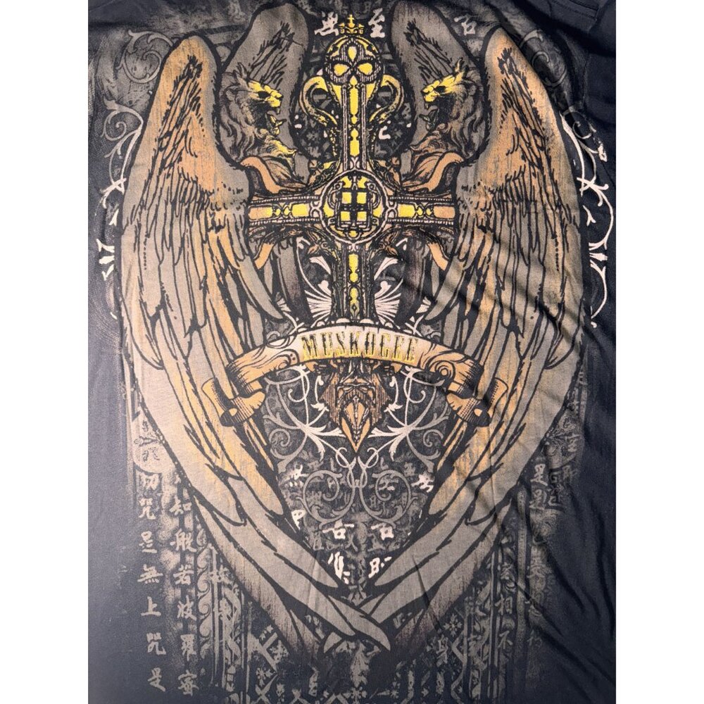 Angel Wing Cross all over Graphic Tee Black & Gold wings - Picture 6 of 7